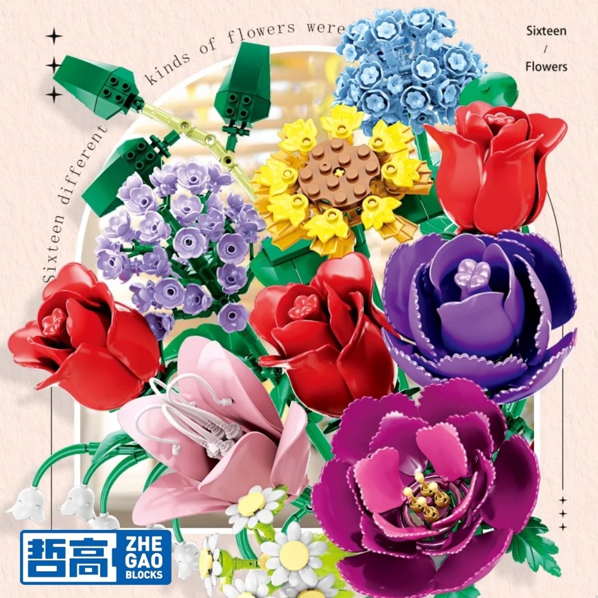 Zhe Gao 11304 Kleurrijke bloemen bouwset | Botanical Flowers Collection modelbouw | Classic Creator STEM speelgoed bouwpakket voor volwassenen en kinderen | Educatief decoratie Kunstbloemen boeket niet geschikt voor Lego | bouwdoos met 907 bouwstenen — afbeelding 3