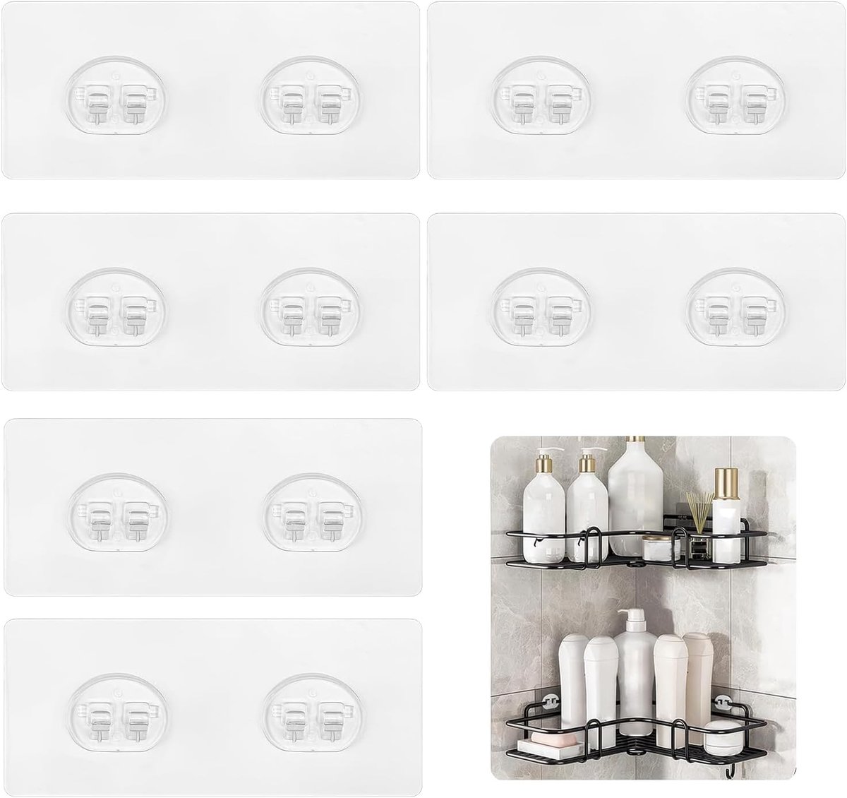 Shower Caddy Haakjes 6 Stuks - Dubbele Haken - Transparante Plakhaak - Ideaal voor Badkamer en Keuken - ShopVlot