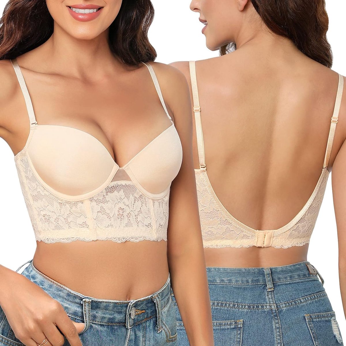 Push Up Bh Backless - Ondersteunend met Dikke Rug - Florale Kantafwerking - Sexy Diepe V-Hals - ShopVlot