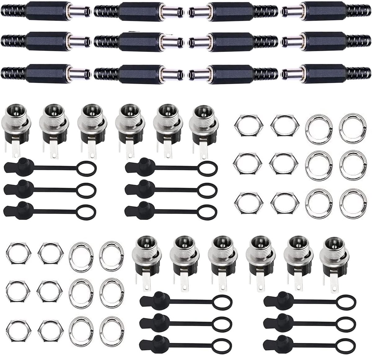 DC mount socket 5.5mm x 2.5mm - met 12 DC pluggen - rubberen beschermkleppen - ideaal voor audio/video/mobiel - ShopVlot