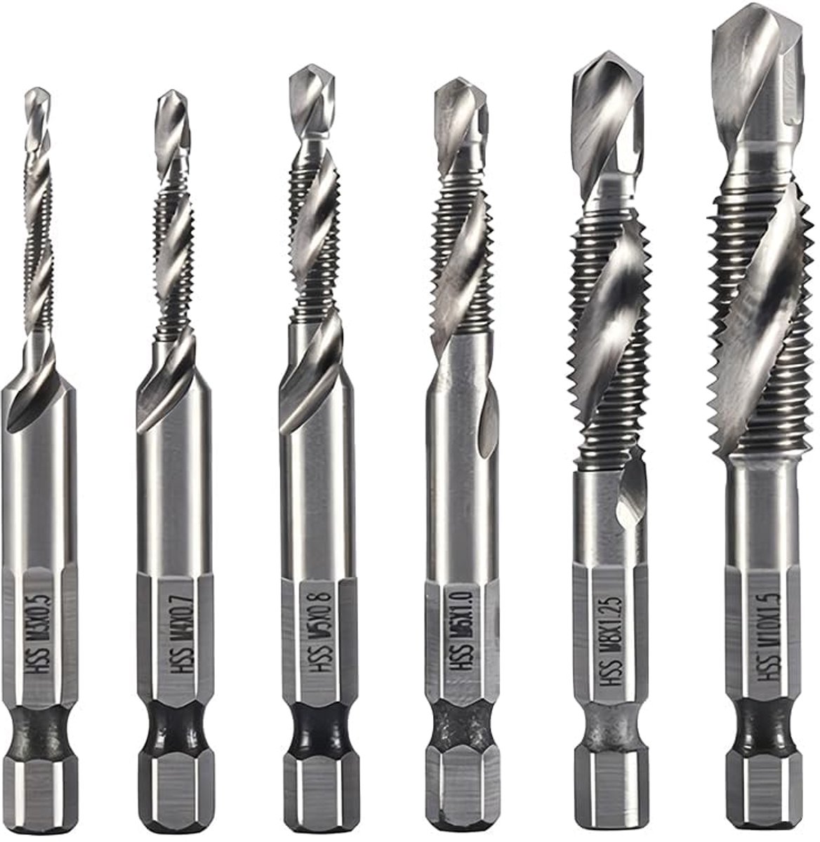 Set van 6 tapboren M3 M4 M5 M6 M8 M10 - snelstaal HSS - zeskantschacht 6,35 mm - boren en schroefdraad in één stap - ShopVlot