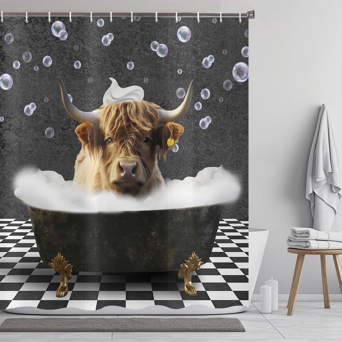 Douchegordijn Funny Cow 180 x 200 cm - Vintage Hoogland Koeien - Waterproof en Wasbaar - Leuk voor Badkamer - ShopVlot