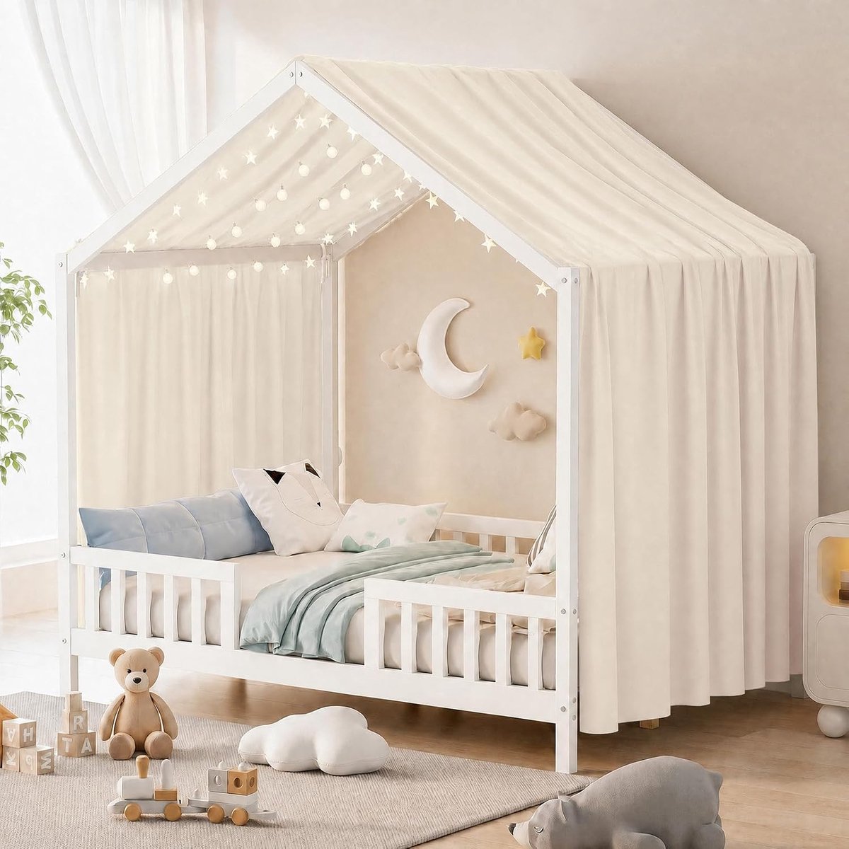 Huisbed hemel 420 x 135 cm - Lichtbeige mousseline - Ademend en zacht - Creëer een gezellige sfeer - ShopVlot