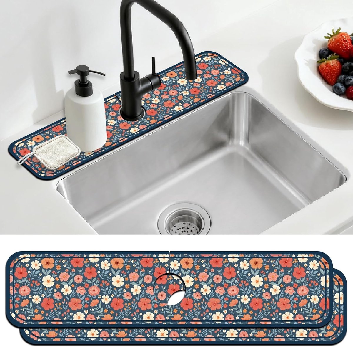 2 Stks Aanrecht Splash Guard Kraan Mat Vintage Bloemen Kraan Mat voor Gootstenen Planten Patroon Absorberende Droogmat - ShopVlot