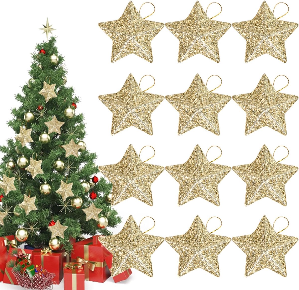 Golden Christmas Decoration 12 Stars Christmas Tree Decorations Gold Glitter Christmas Tree Decorations Christmas Tree - ShopVlot