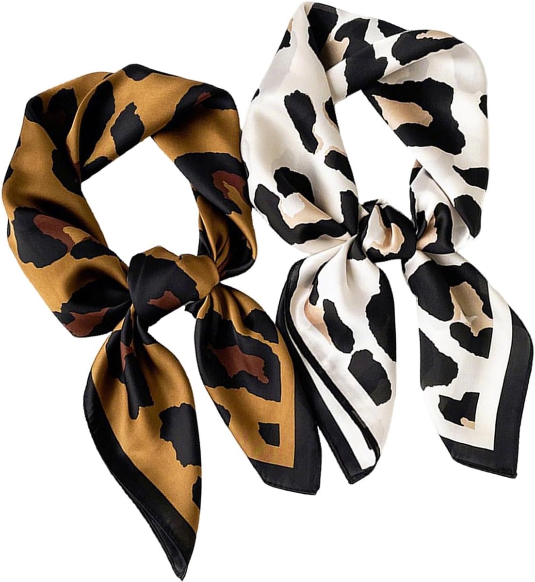 2 haarsjaals voor dames, zijden bandana en luipaardsjaal van satijn, chiffon, 70 x 70 cm, elegante vierkante sjaal - ShopVlot