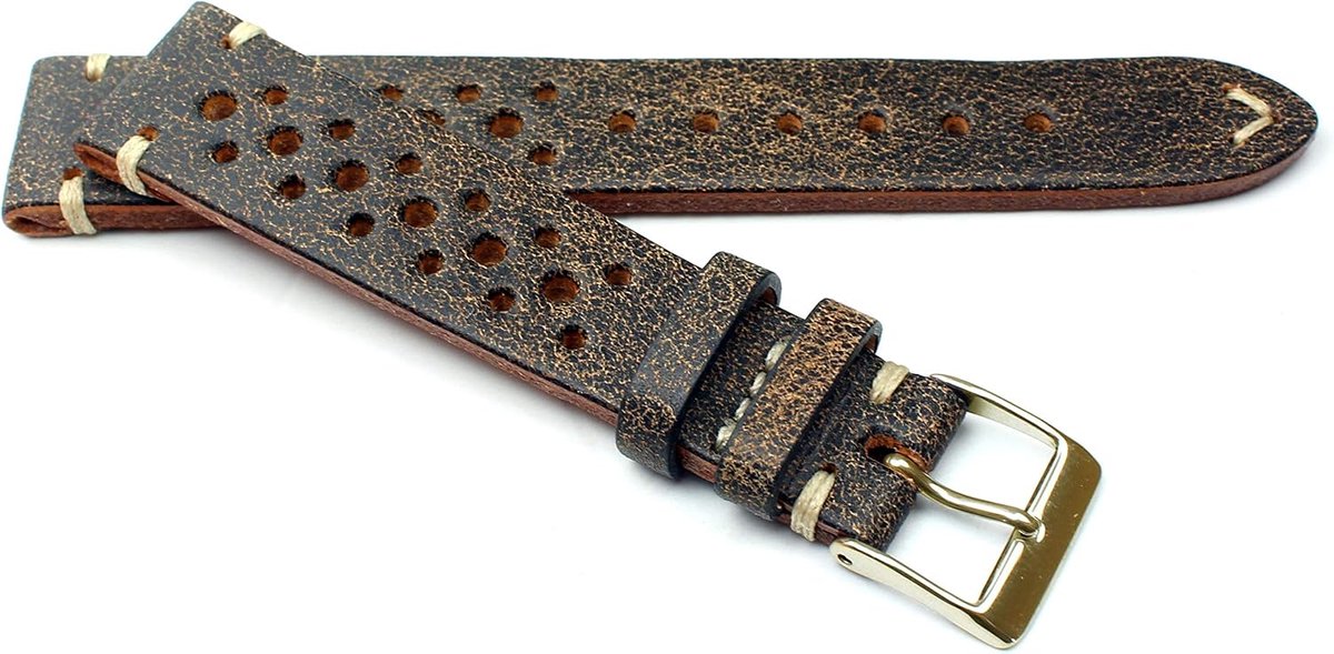 18mm Fluco Racing Vintage Leather Watch Strap Handmade in Germany Robust Brown White Seam, Brown gold buckle, Vintage - ShopVlot