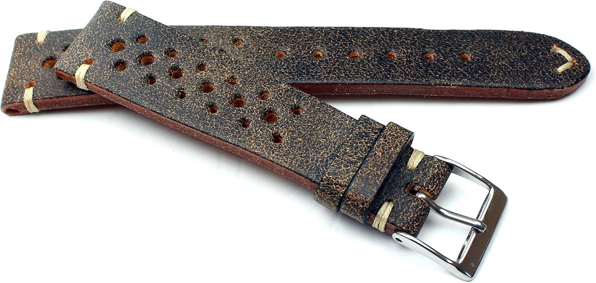 19mm Fluco Racing Rallye Vintage cowhide leather watch band handmade in Germany robust brown white seam, Brown silver - ShopVlot