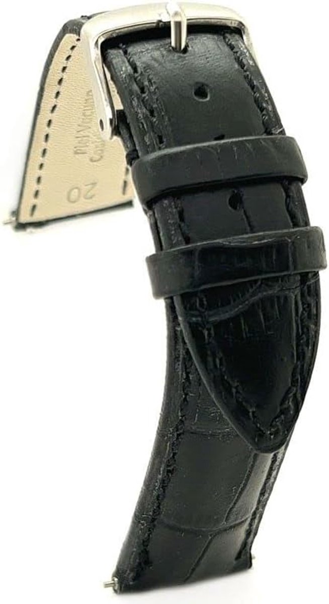 Leather watch strap with crocodile engraving, Ref 424, Black, band ring - ShopVlot