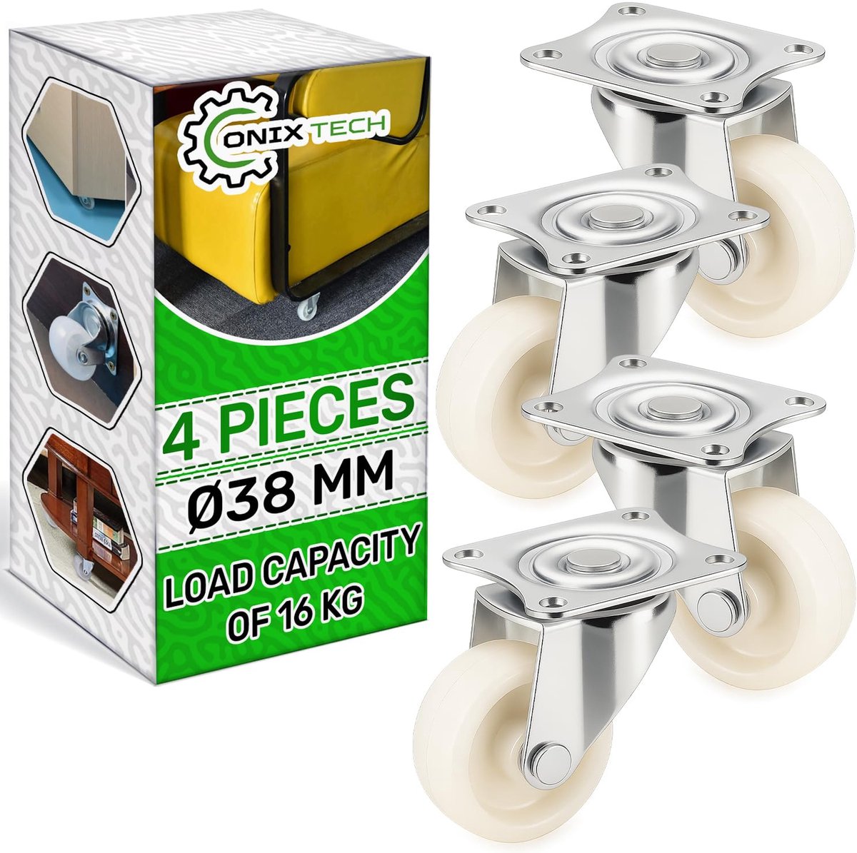 4 pieces furniture castors Ø 38 mm H 50 mm load capacity 16 kg - made of plastic and steel - castors in white - ShopVlot