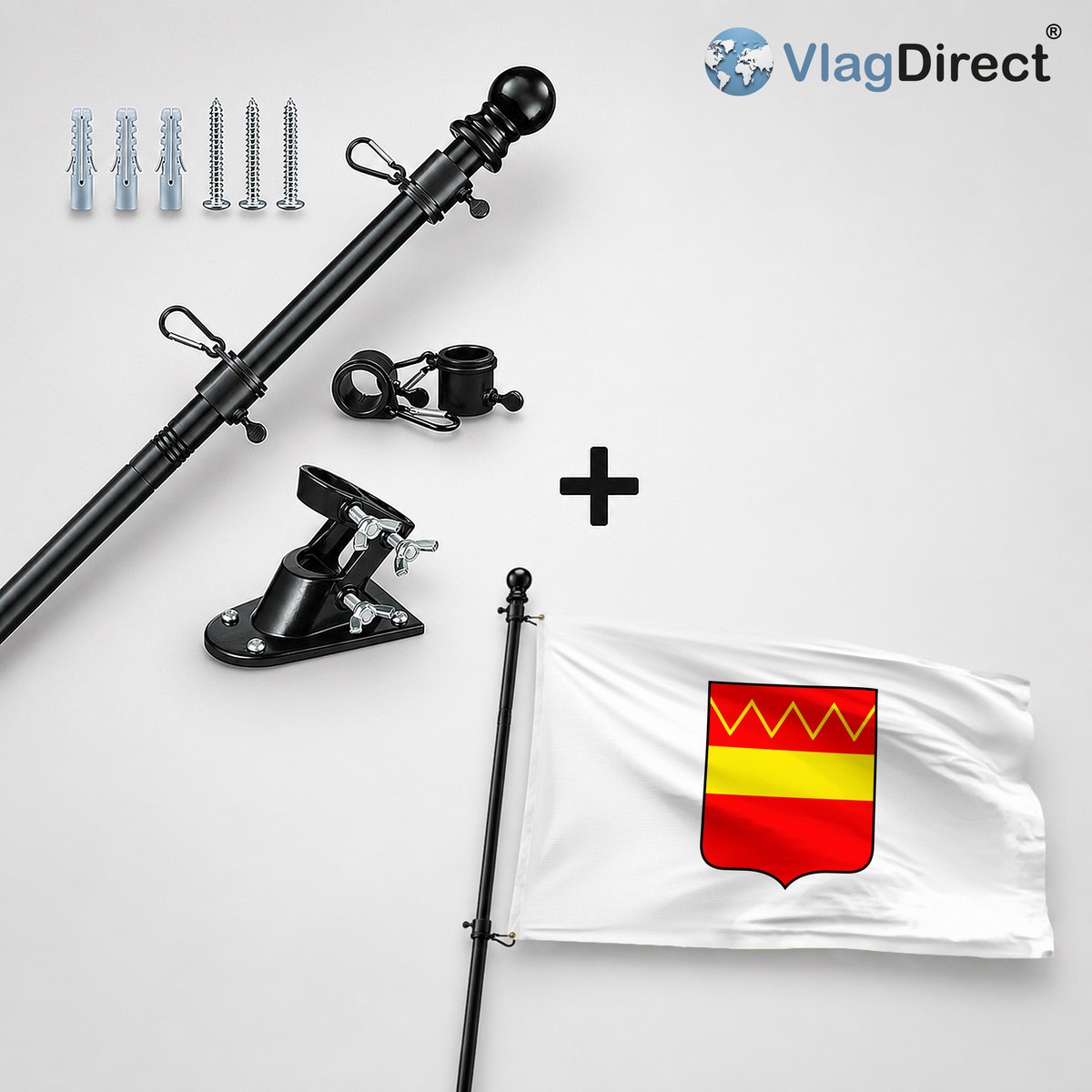 VlagDirect - Compleet vlaggenpakket - Zwarte vlaggenstok inclusief vlaggenstokhouder + Gemeente Brugelette vlag - 90 x 150 cm.