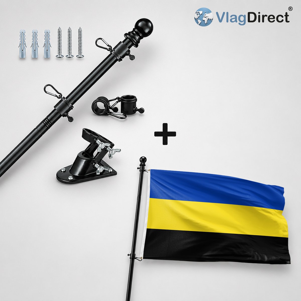 VlagDirect - Compleet vlaggenpakket - Zwarte vlaggenstok inclusief vlaggenstokhouder + Gelderse vlag - Gelderland vlag - 90 x 150 cm