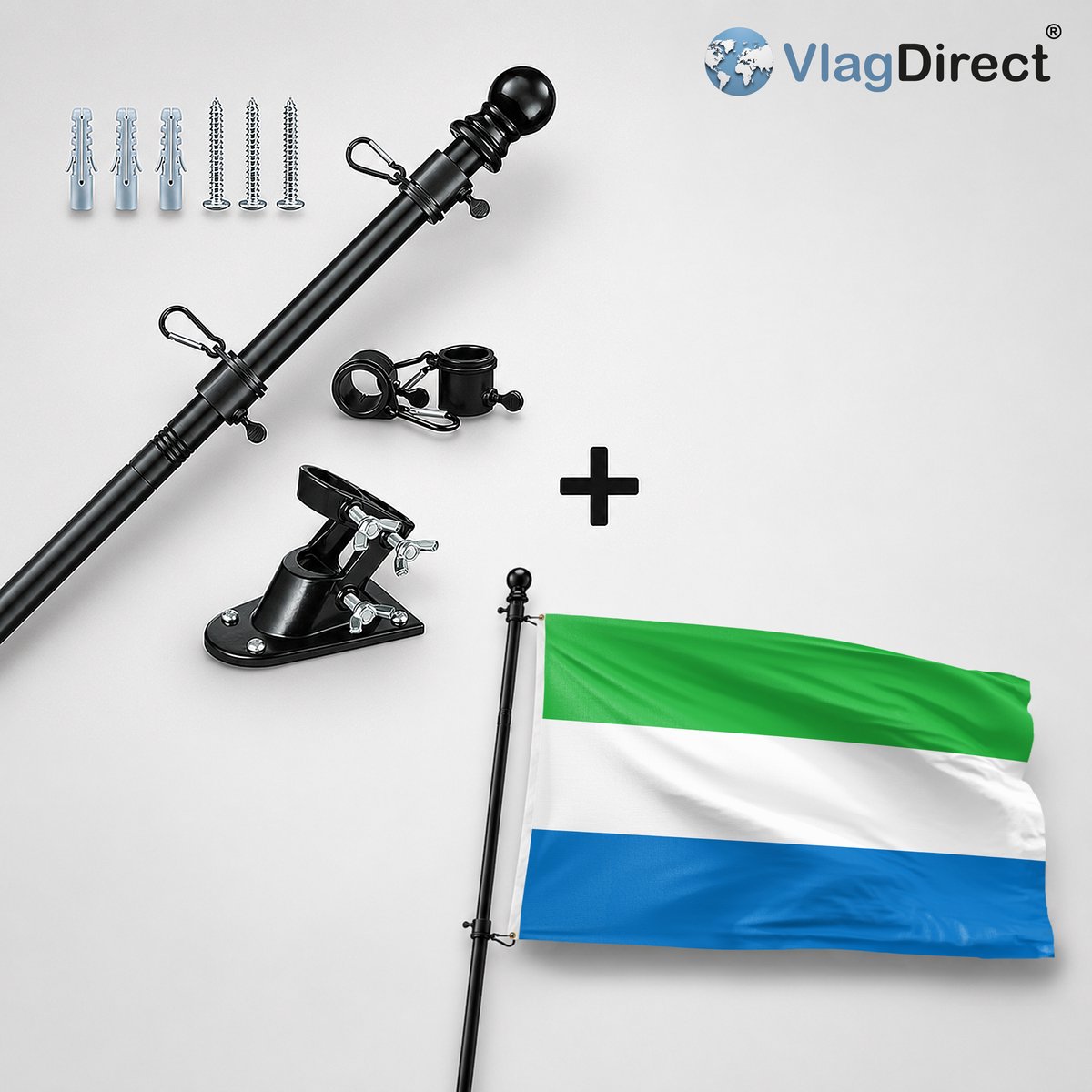 VlagDirect - Compleet vlaggenpakket - Zwarte vlaggenstok inclusief vlaggenstokhouder + Sierra Leoonse vlag- Sierra Leone vlag - 90 x 150 cm.