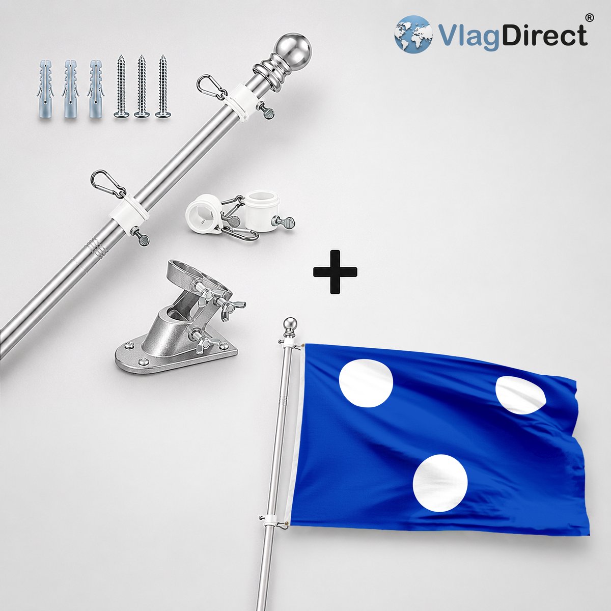 VlagDirect - Compleet vlaggenpakket - Zilveren vlaggenstok inclusief vlaggenstokhouder + Koekelaarse vlag - Gemeente Koekelare vlag - 90 x 150 cm.