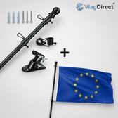 Zwarte vlaggenstok met bevestigingsmateriaal en de vlag van de Europese Unie.