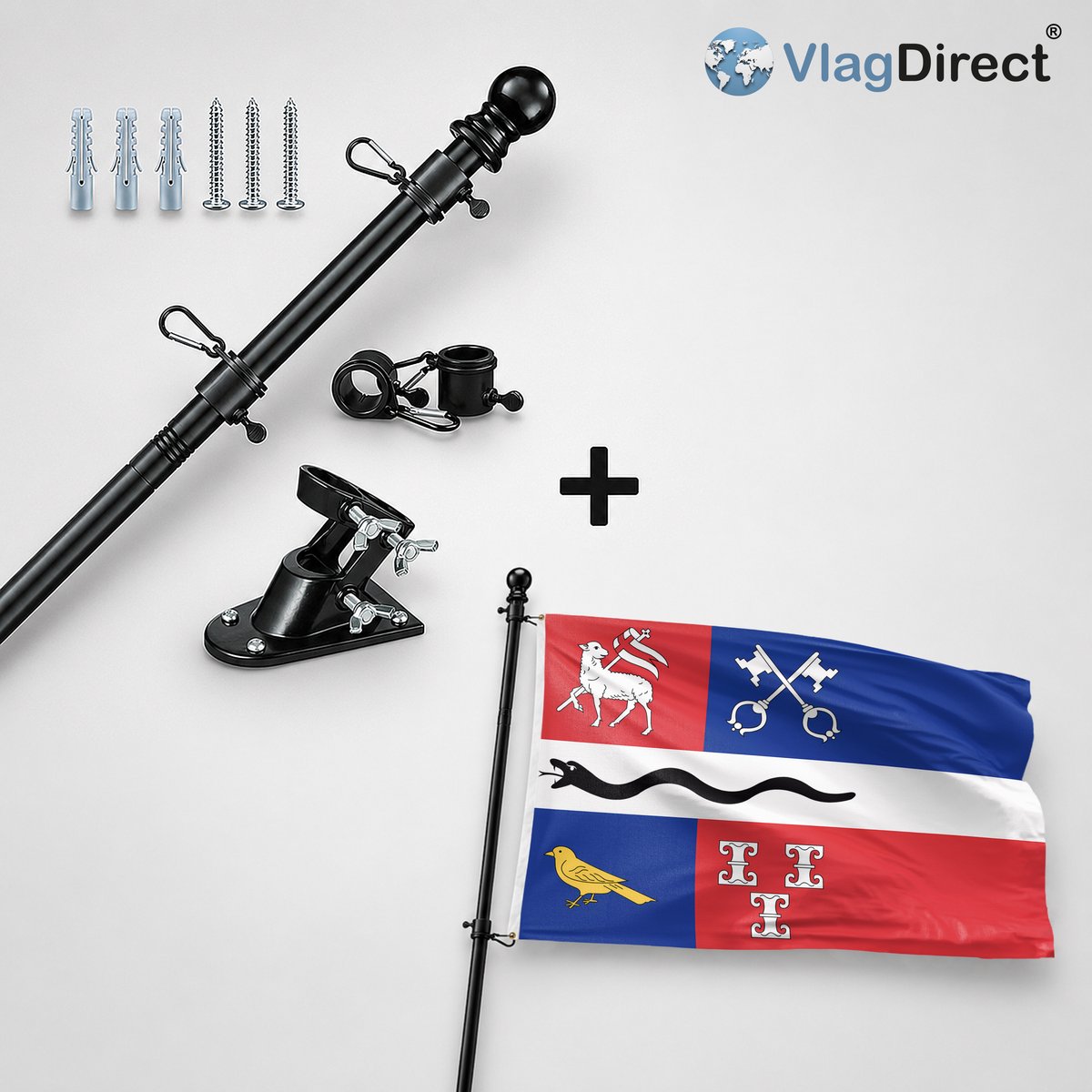 VlagDirect - Compleet vlaggenpakket - Zwarte vlaggenstok inclusief vlaggenstokhouder + De Ronde Venen vlag - Gemeente De Ronde Venen vlag - 90 x 150 cm.