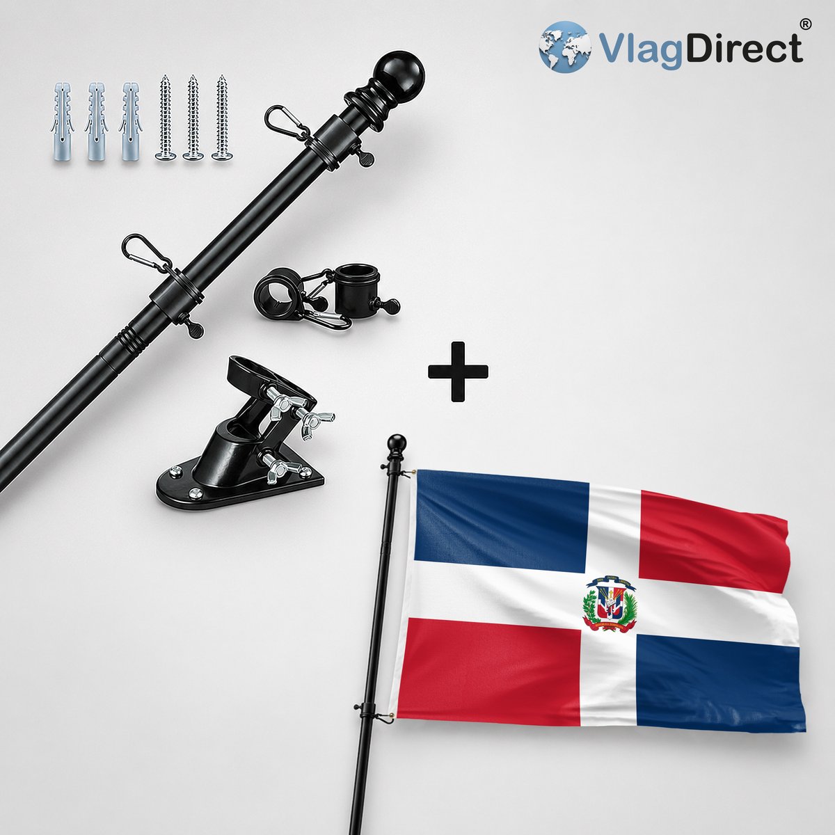 VlagDirect - Compleet vlaggenpakket - Zwarte vlaggenstok inclusief vlaggenstokhouder + Dominicaanse Republiek vlag - 90 x 150 cm.