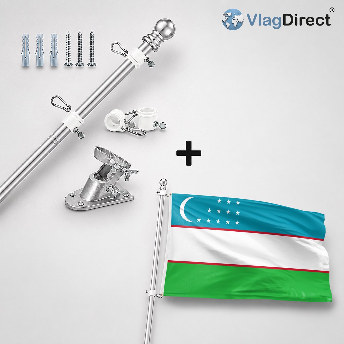 VlagDirect - Compleet vlaggenpakket - Zilveren vlaggenstok inclusief vlaggenstokhouder + Oezbeekse vlag - Oezbekistan vlag - 90 x 150 cm
