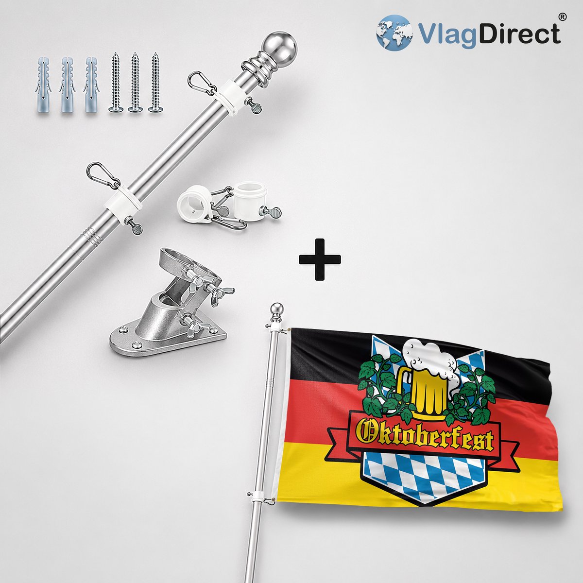 VlagDirect - Compleet vlaggenpakket - Zilveren vlaggenstok inclusief vlaggenstokhouder + Oktoberfest vlag - Oktoberfest Duitse vlag - 90 x 150 cm.