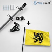 Compleet vlaggenpakket met een zwarte vlaggenstok, vlaggenstokhouder, pluggen, schroeven en de Vlaamse leeuw op een gele vlag.