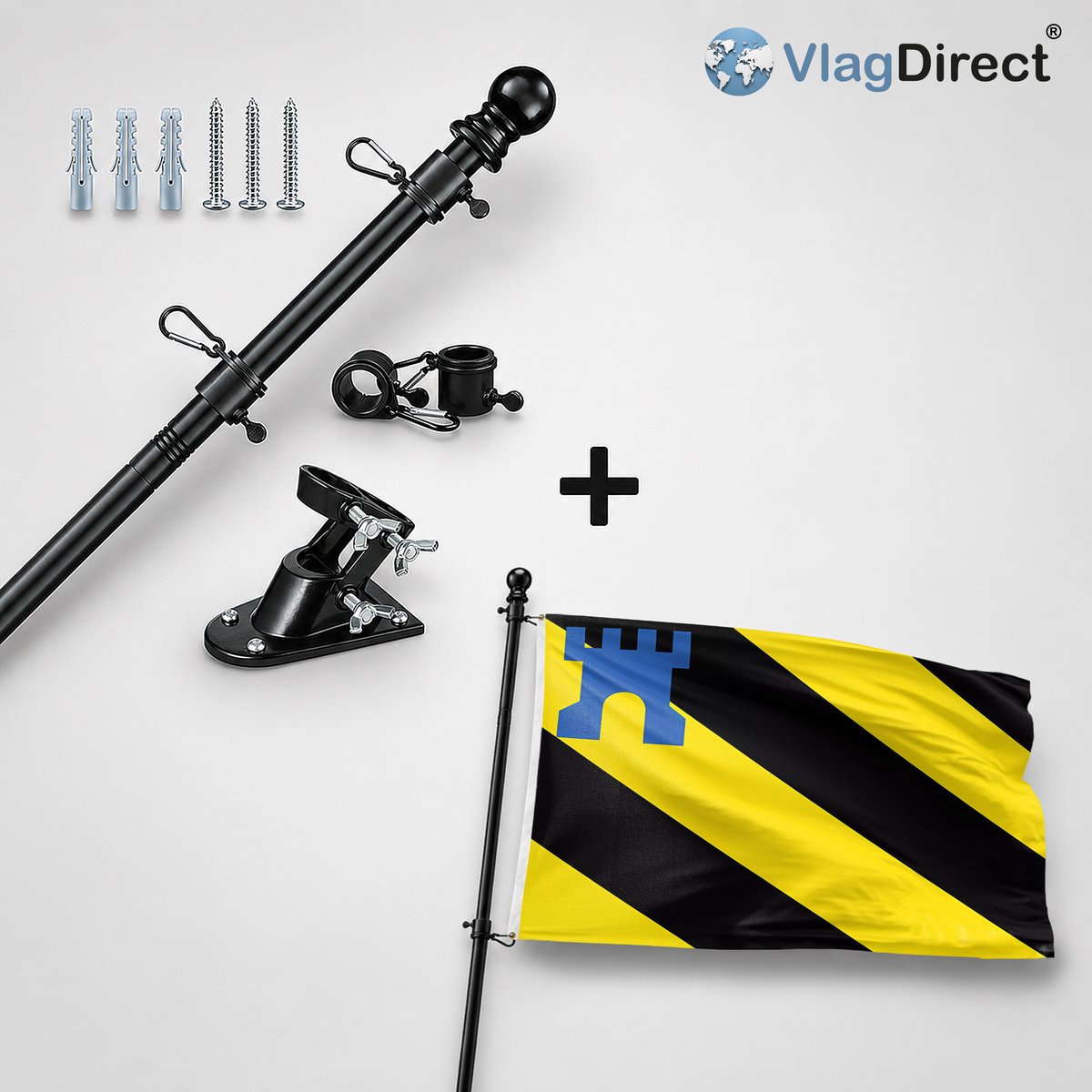 VlagDirect - Compleet vlaggenpakket - Zwarte vlaggenstok inclusief vlaggenstokhouder + Medemblik vlag - Gemeente Medemblik vlag - 90 x 150 cm.
