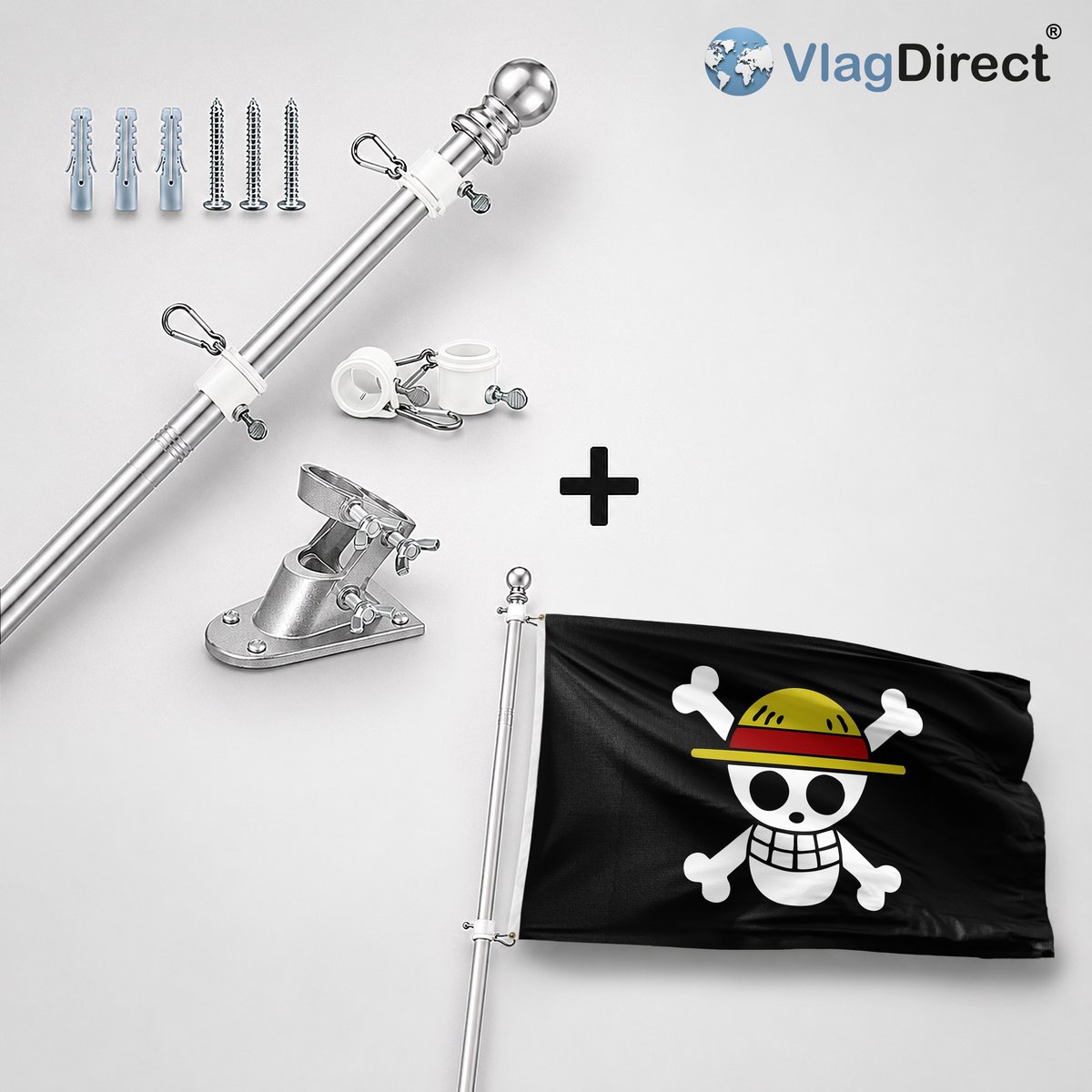 VlagDirect - Compleet vlaggenpakket - Zilveren vlaggenstok inclusief vlaggenstokhouder + One Piece vlag - Jolly Roger vlag - 90 x 150 cm.