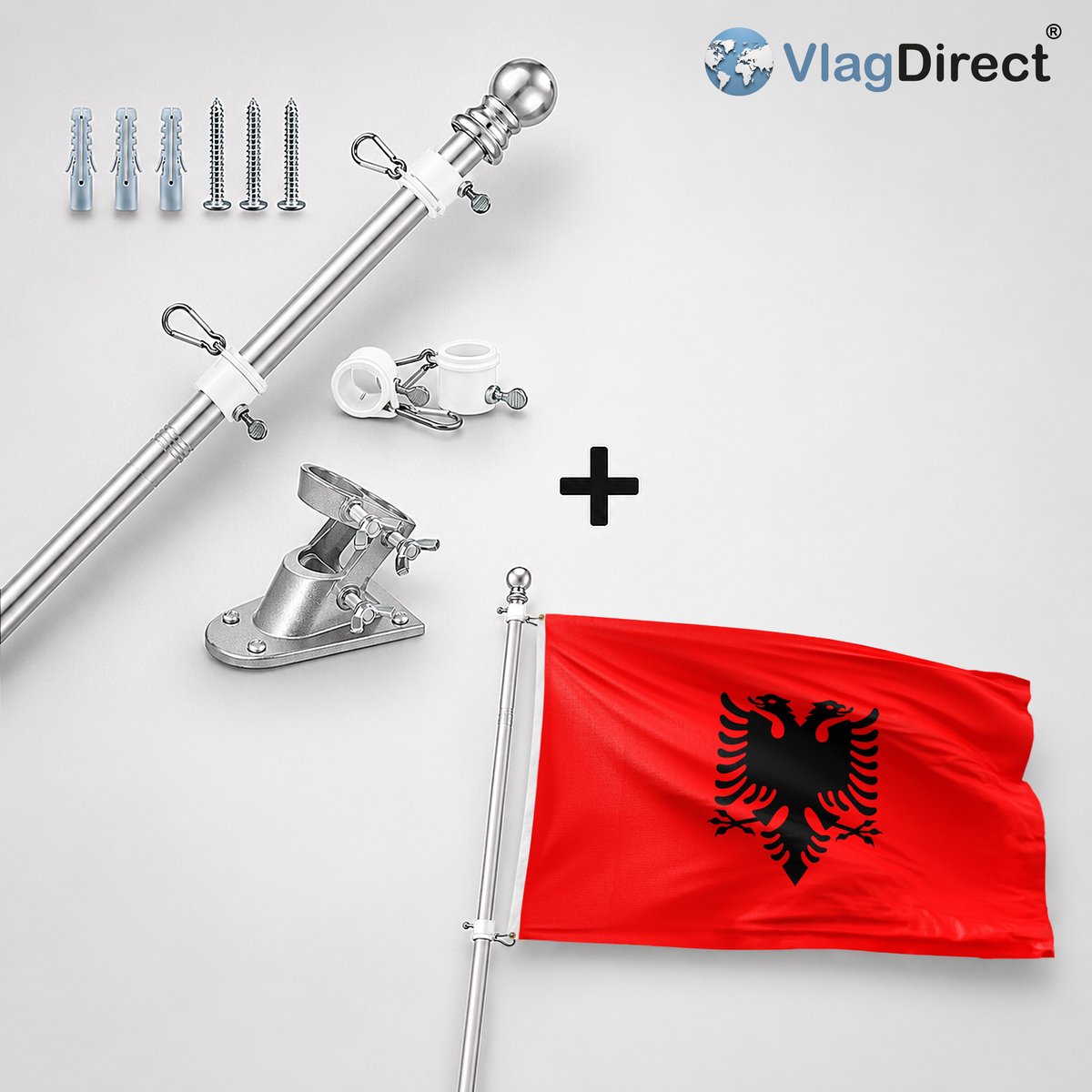 VlagDirect - Compleet vlaggenpakket - Zilveren vlaggenstok inclusief vlaggenstokhouder + Albanese vlag - Albanië vlag - 90 x 150 cm.