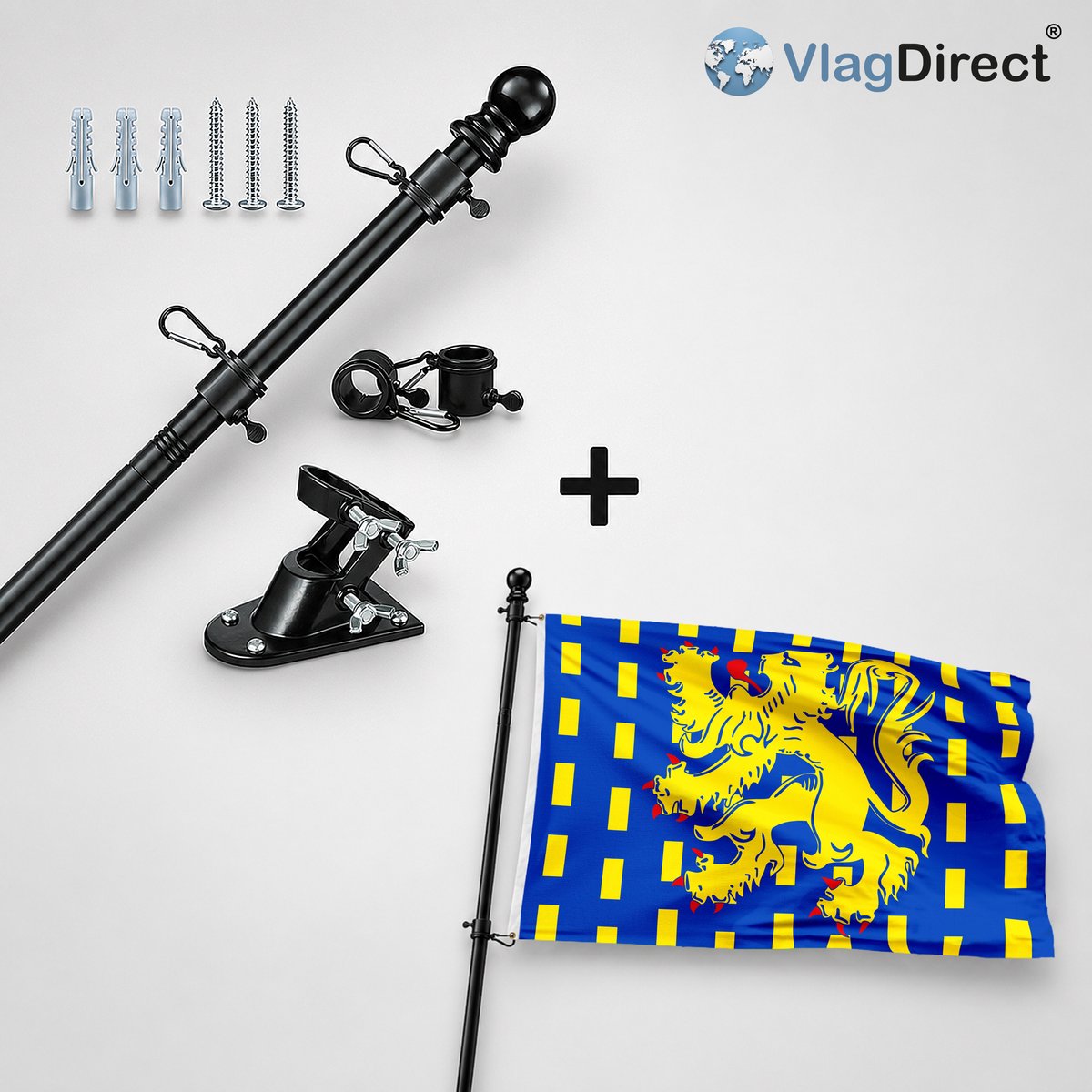 VlagDirect - Compleet vlaggenpakket - Zwarte vlaggenstok inclusief vlaggenstokhouder + Bekkevoortse vlag - Gemeente Bekkevoort vlag - 90 x 150 cm.