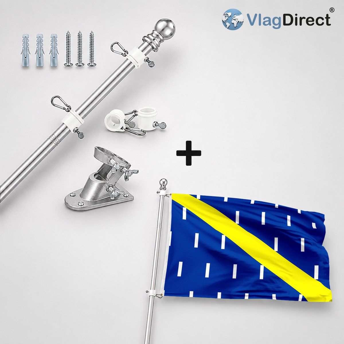 VlagDirect - Compleet vlaggenpakket - Zilveren vlaggenstok inclusief vlaggenstokhouder + Gemeente Chastre vlag - 90 x 150 cm.