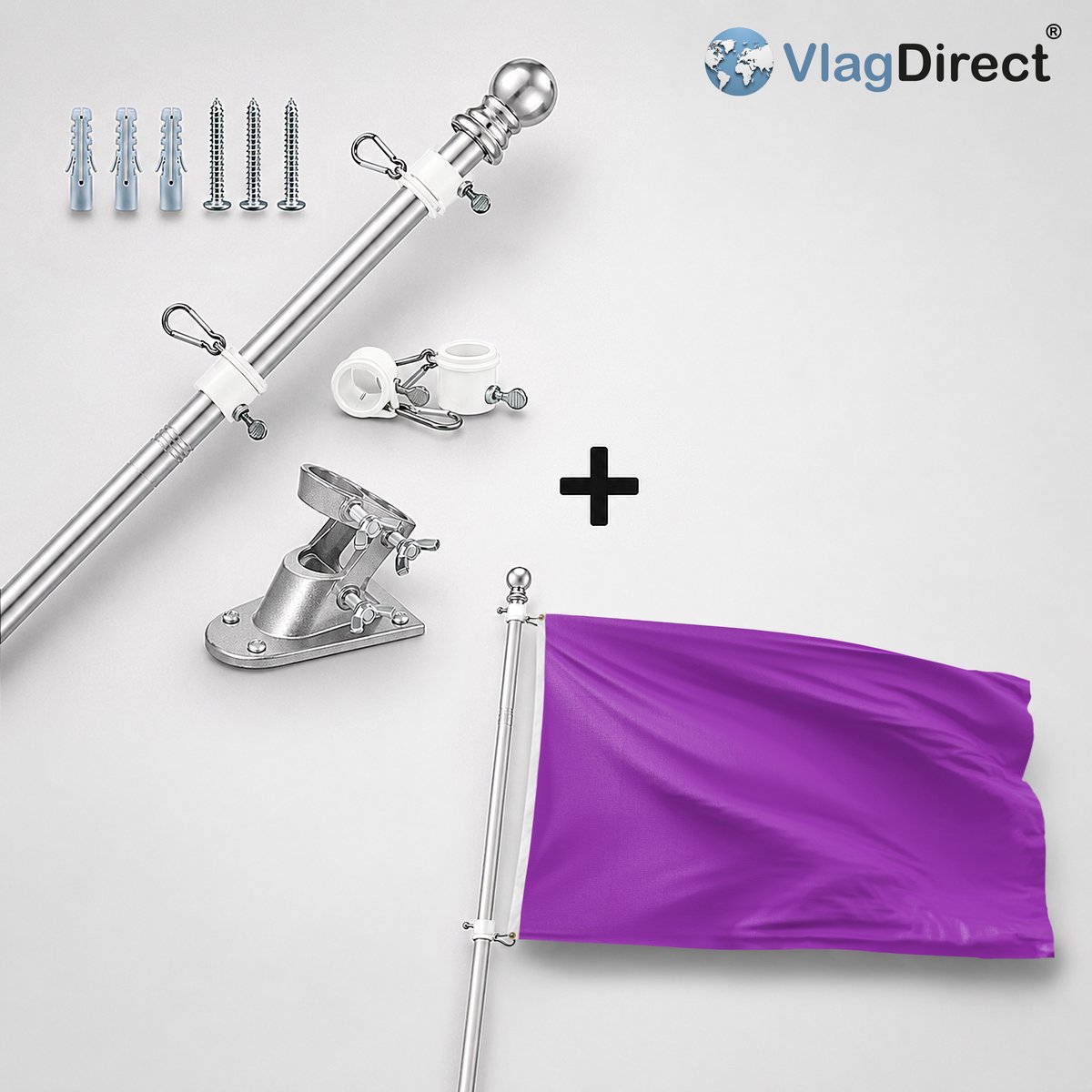 VlagDirect - Compleet vlaggenpakket - Zilveren vlaggenstok inclusief vlaggenstokhouder + Paarse vlag - Paarse thema vlag - 90 x 150 cm.