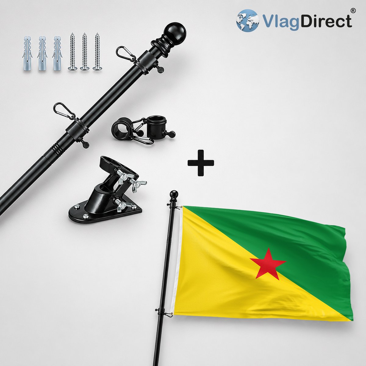 VlagDirect - Compleet vlaggenpakket - Zwarte vlaggenstok inclusief vlaggenstokhouder + Frans-Guyaanse vlag - Frans-Guyana vlag - 90 x 150 cm.
