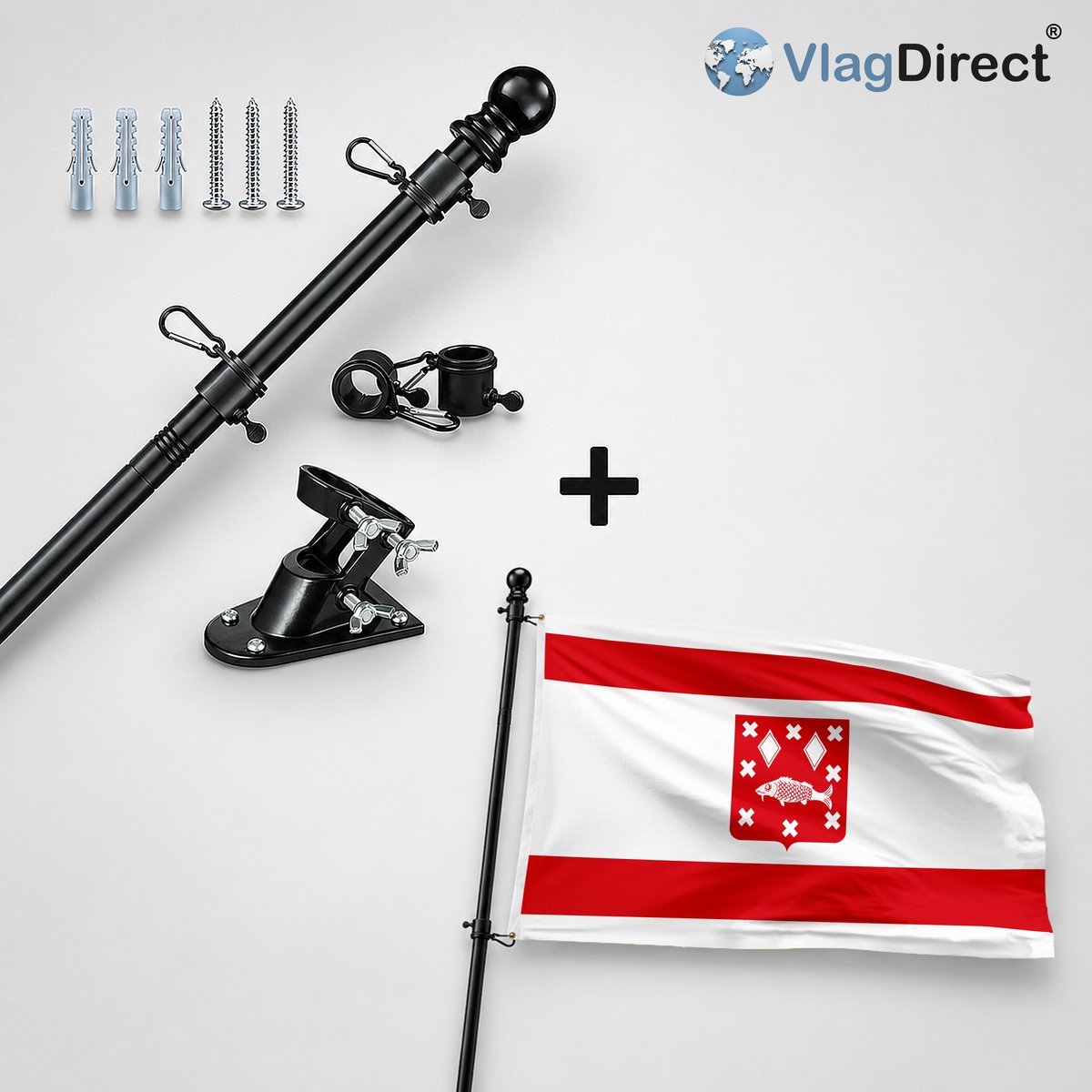 VlagDirect - Compleet vlaggenpakket - Zwarte vlaggenstok inclusief vlaggenstokhouder + Brasschaatse vlag - Gemeente Brasschaat vlag - 90 x 150 cm.