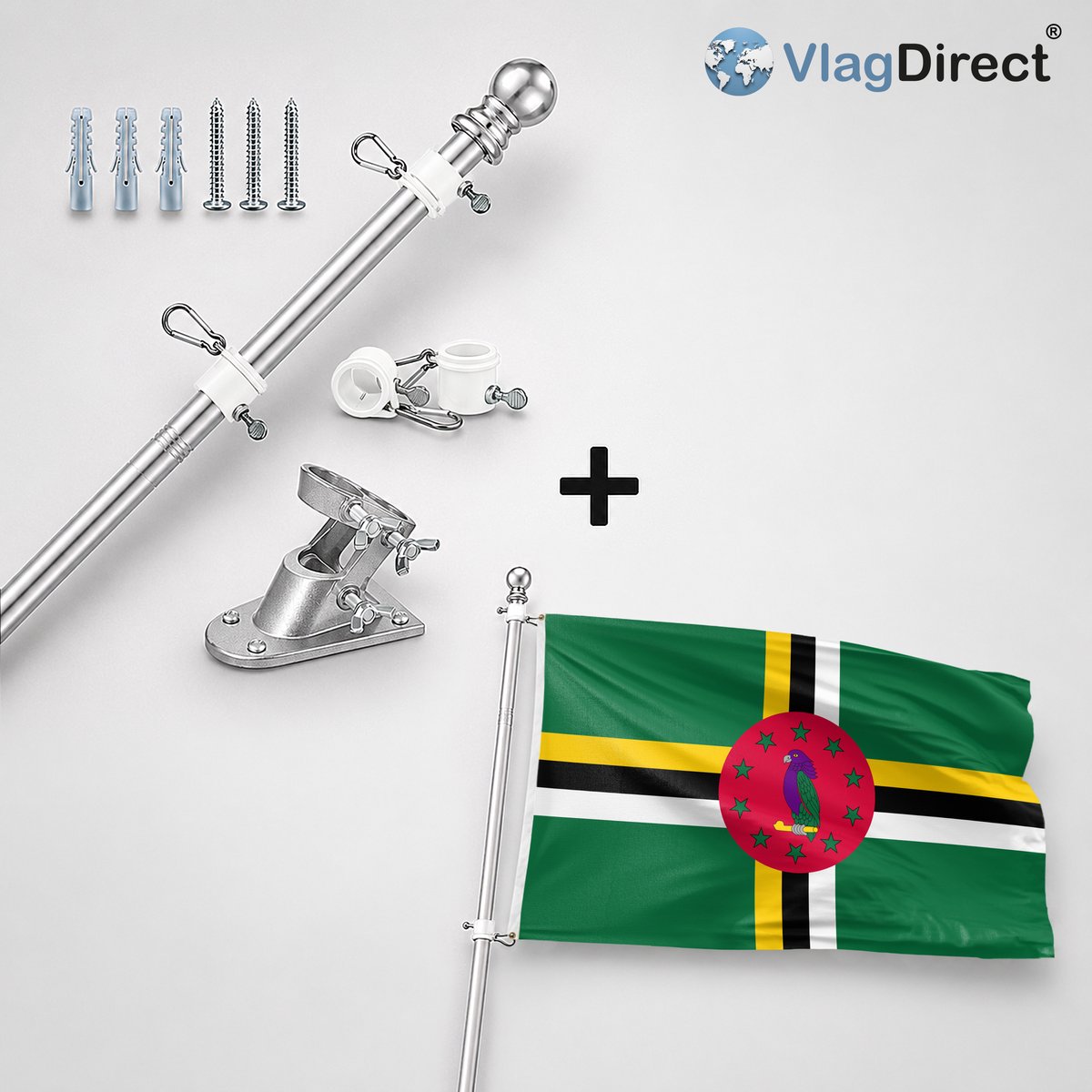 VlagDirect - Compleet vlaggenpakket - Zilveren vlaggenstok inclusief vlaggenstokhouder + Guinee-Bissause vlag - Guinee-Bissau flag - 90 x 150 cm