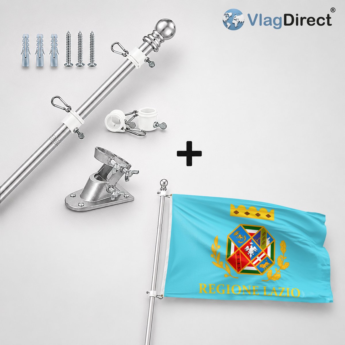VlagDirect - Compleet vlaggenpakket - Zilveren vlaggenstok inclusief vlaggenstokhouder + Lazio vlag - 90 x 150 cm.