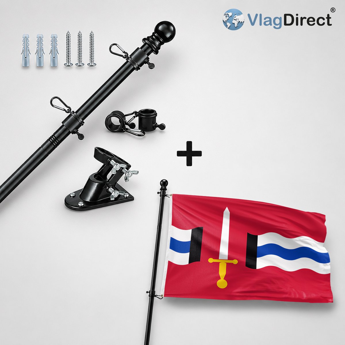 VlagDirect - Compleet vlaggenpakket - Zwarte vlaggenstok inclusief vlaggenstokhouder + Reimerswaal vlag - Gemeente Reimerswaal vlag - 90 x 150 cm.