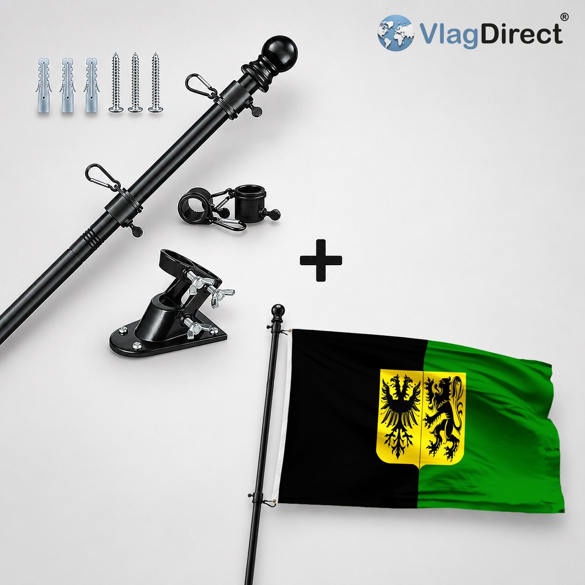VlagDirect - Compleet vlaggenpakket - Zwarte vlaggenstok inclusief vlaggenstokhouder + Ninoofse vlag - Gemeente Ninove vlag - 90 x 150 cm.