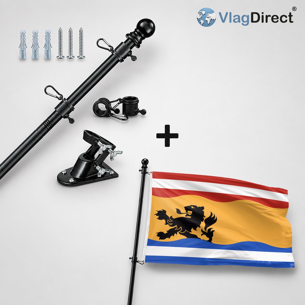 VlagDirect - Compleet vlaggenpakket - Zwarte vlaggenstok inclusief vlaggenstokhouder + Zeeuws-Vlaamse vlag - Regio Zeeuws-Vlaanderen vlag - 90 x 150 cm.