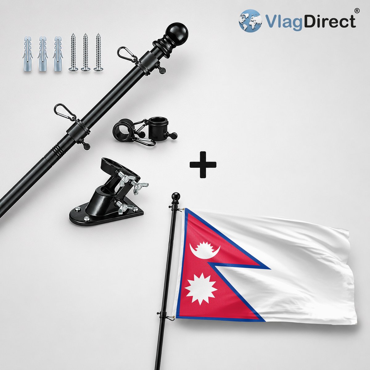 VlagDirect - Compleet vlaggenpakket - Zwarte vlaggenstok inclusief vlaggenstokhouder + Nepalese vlag - Nepal vlag - 90 x 150 cm