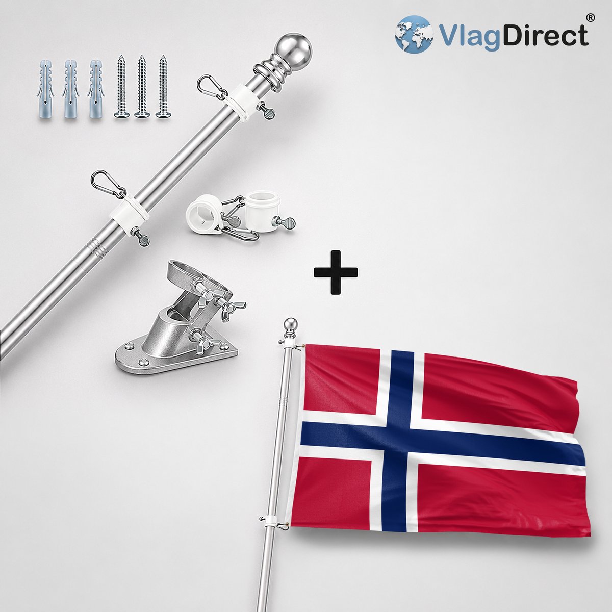 VlagDirect - Compleet vlaggenpakket - Zilveren vlaggenstok inclusief vlaggenstokhouder + Noorse vlag - Noorwegen vlag - 90 x 150 cm.