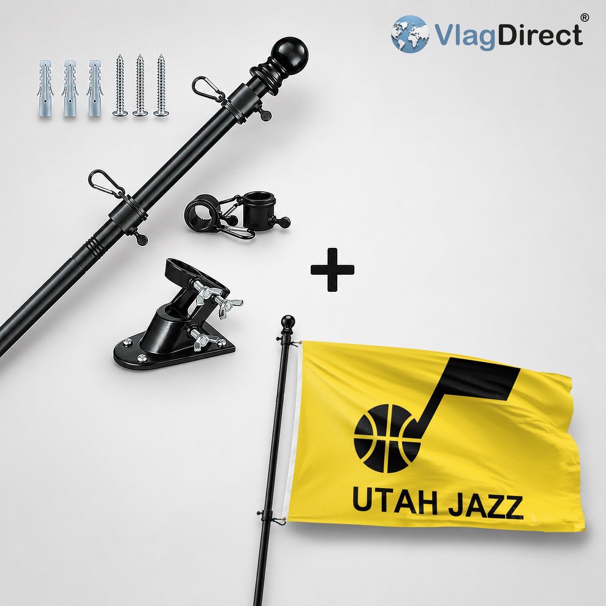 VlagDirect - Compleet vlaggenpakket - Zwarte vlaggenstok inclusief vlaggenstokhouder + Utah Jazz vlag - Utah Jazz basketbalteam vlag - 90 x 150 cm.