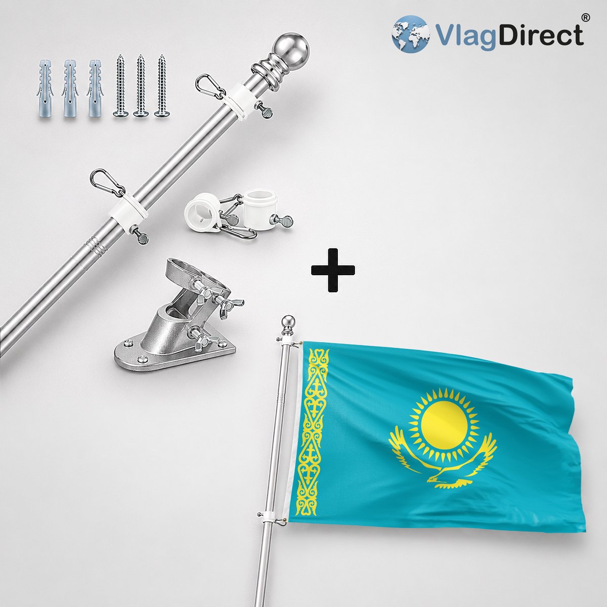VlagDirect - Compleet vlaggenpakket - Zilveren vlaggenstok inclusief vlaggenstokhouder + Kazachse vlag - Kazachstan vlag - 90 x 150 cm.
