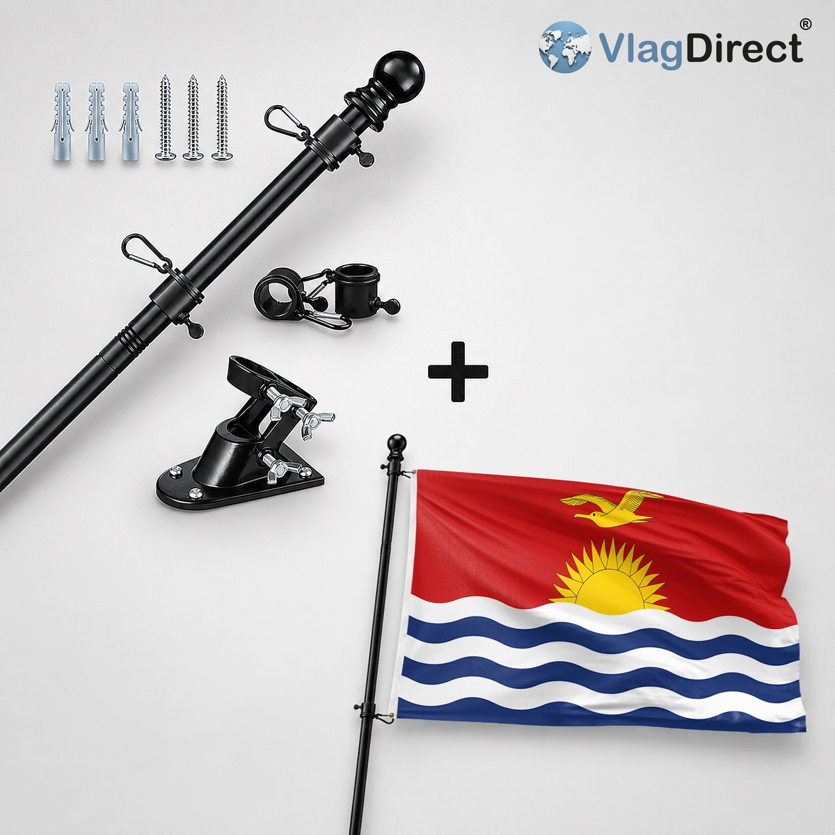 VlagDirect - Compleet vlaggenpakket - Zwarte vlaggenstok inclusief vlaggenstokhouder + Kiribatische vlag - Kiribati vlag - 90 x 150 cm