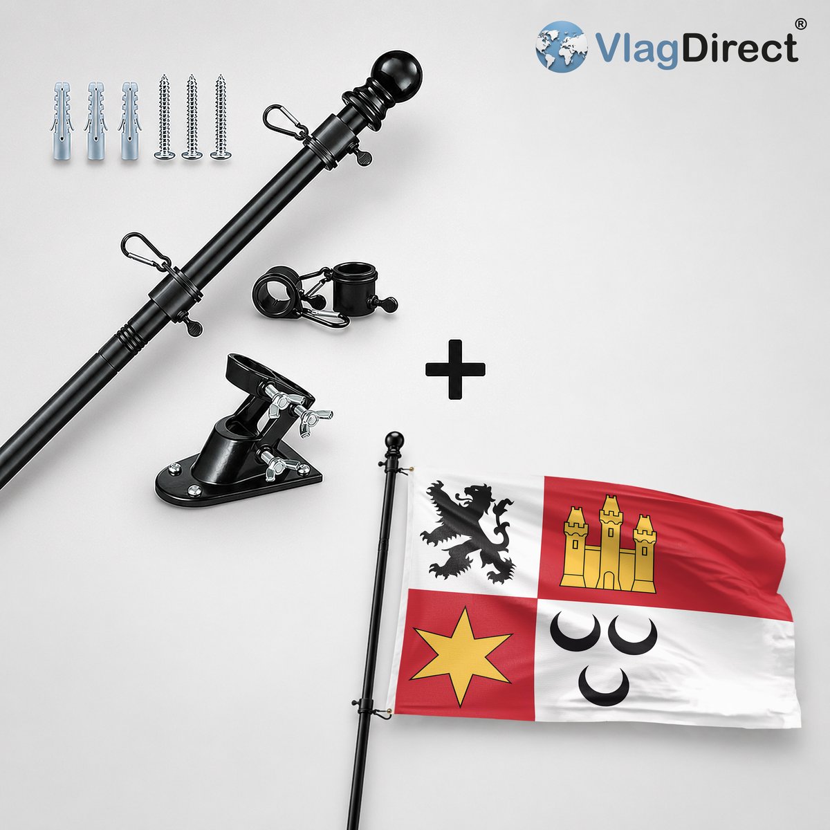 VlagDirect - Compleet vlaggenpakket - Zwarte vlaggenstok inclusief vlaggenstokhouder + Krimpenerwaard vlag - Gemeente Krimpenerwaard vlag - 90 x 150 cm.