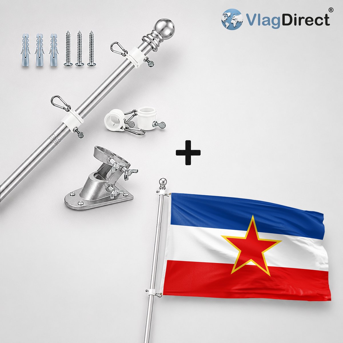 VlagDirect - Compleet vlaggenpakket - Zilveren vlaggenstok inclusief vlaggenstokhouder + Joegoslavische vlag - Joegoslavië vlag - Yugoslavia vlag - 90 x 150 cm.