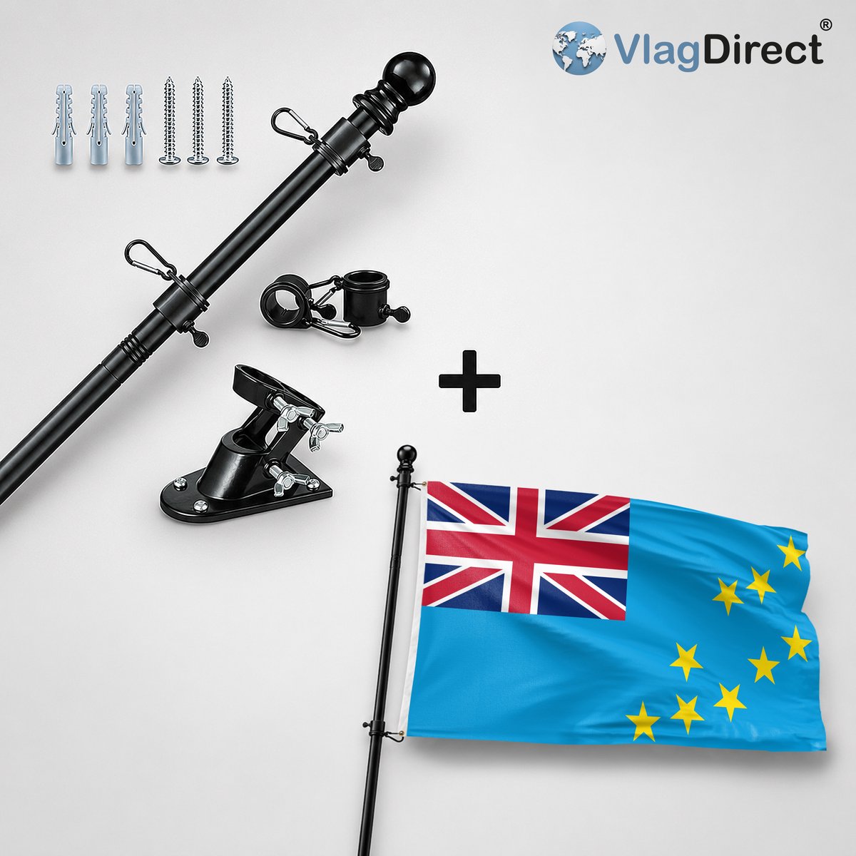 VlagDirect - Compleet vlaggenpakket - Zwarte vlaggenstok inclusief vlaggenstokhouder + Tuvaluaanse vlag - Tuvalu vlag - 90 x 150 cm
