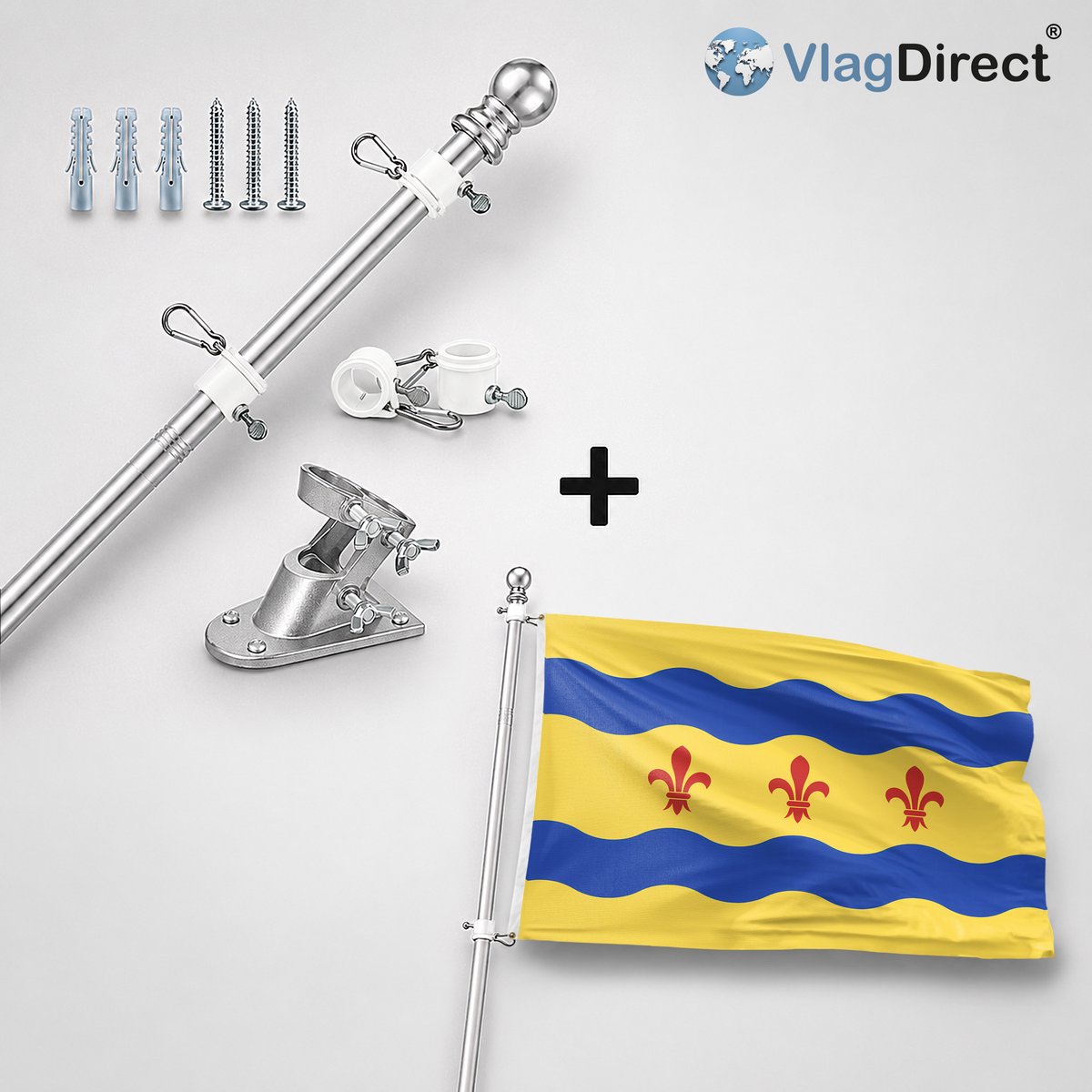 VlagDirect - Compleet vlaggenpakket - Zilveren vlaggenstok inclusief vlaggenstokhouder + Voerendaal vlag - Gemeente Voerendaal vlag - 90 x 150 cm.