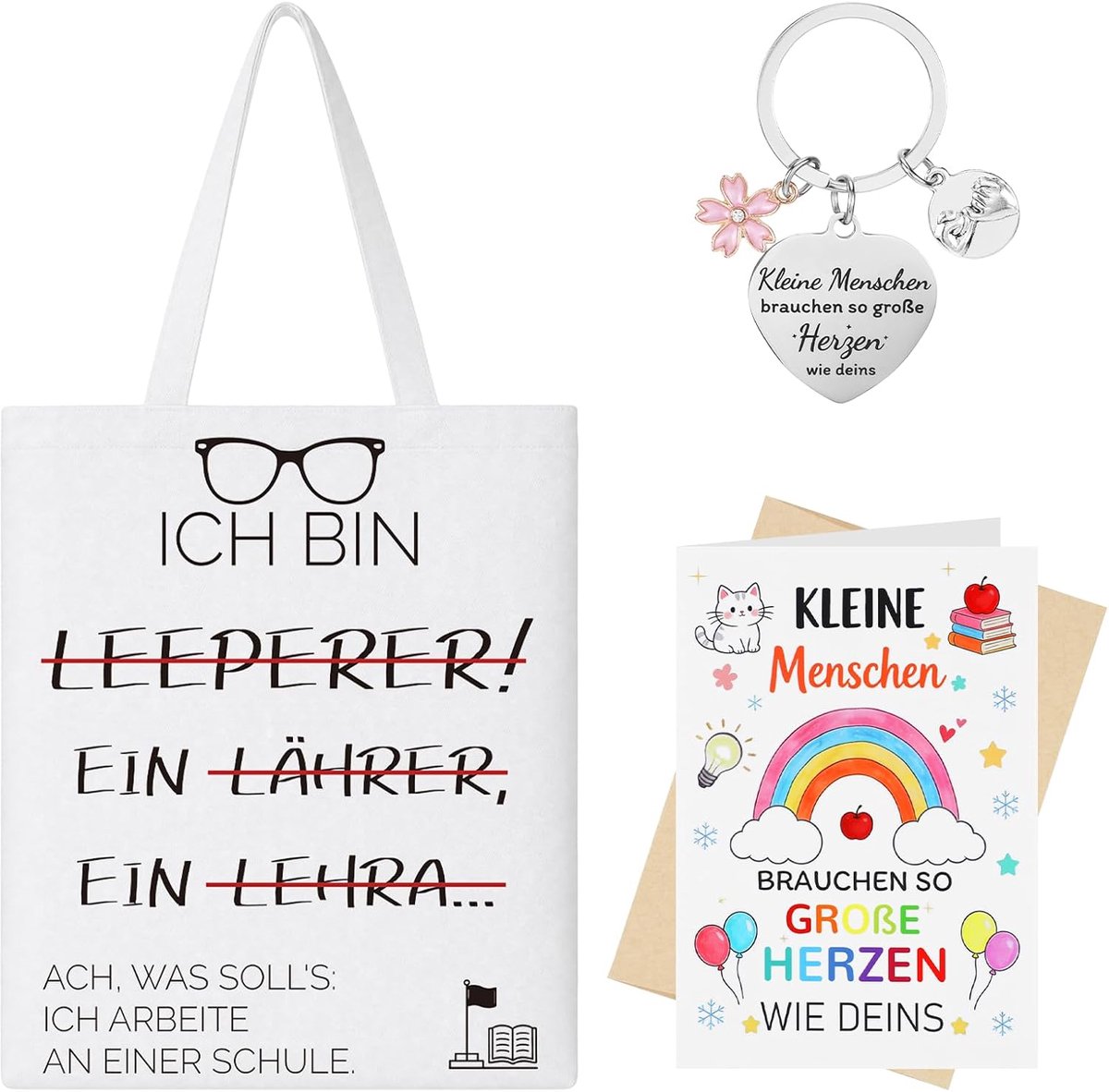 4-delige cadeauset voor leraren, canvas tas, kaart, sleutelhanger, envelop, praktisch voor school, grappige ontwerpen - ShopVlot