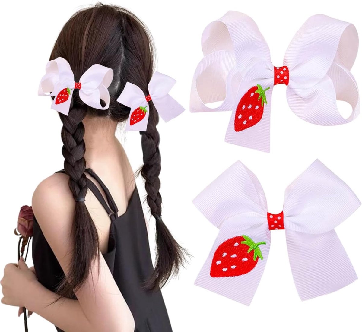2 Pcs Girls Hair Clips Strawberry Hair Bow White Hairpin with Crocodile Clip Hair Clips for Girls Kids (Red) - ShopVlot