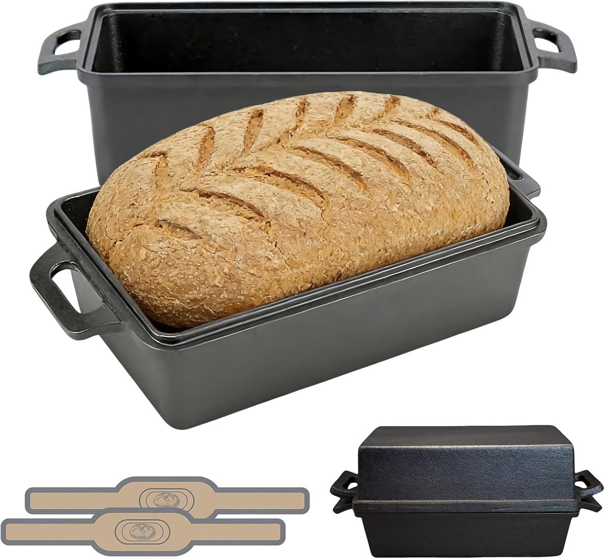 Cast Iron Bread Baking Mould with Lid and Non-Stick Silicone Mats 25 x 13 cm, Baking Mould for Leaven Dough, Toast and - ShopVlot