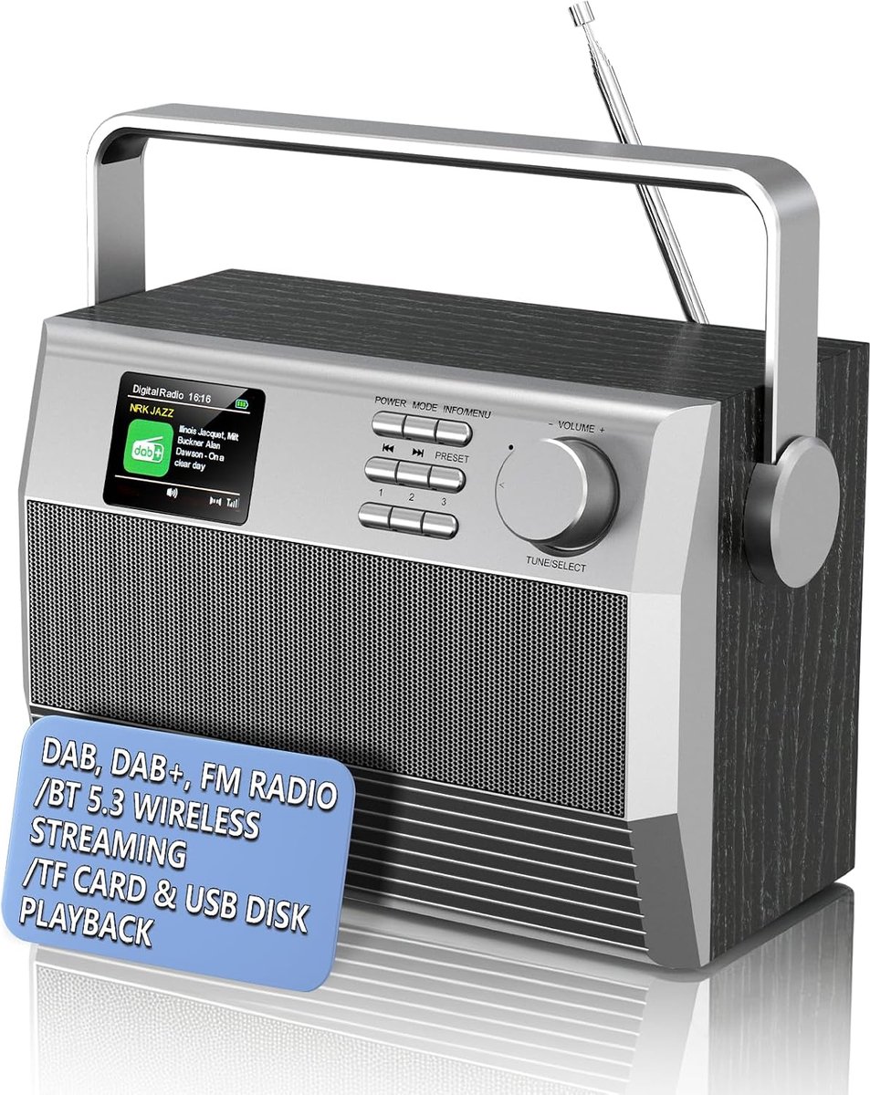 DAB+ Radio Hout met Kleurenscherm Stereo - MDF hout, 2x3W stereo, radiowekker dimbaar, voor slaapkamer, USB/TF/AUX - ShopVlot